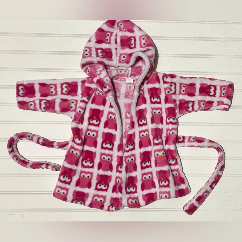 Luvable Friends Baby Robe Size 0-9 Months Pink Owl Pattern Hooded Casual Winter